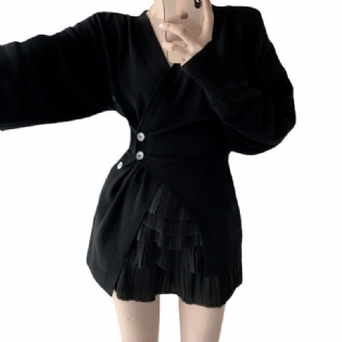 2023 Design Sidespænde Talje Mellemlang Cardigan V-hals Mode Sweater Kvinder