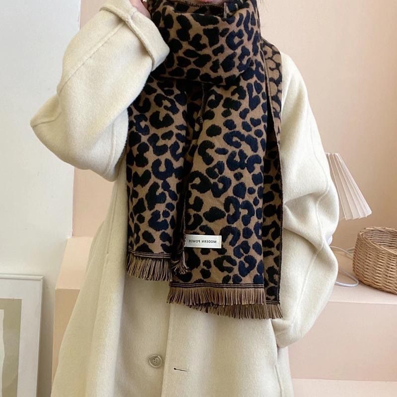 2023 Efterår Og Vinter Ny Mode Leopard Jacquard Dobbeltsidet Sjal Dame Kashmir Varm Fortykket Komfortabelt Hals