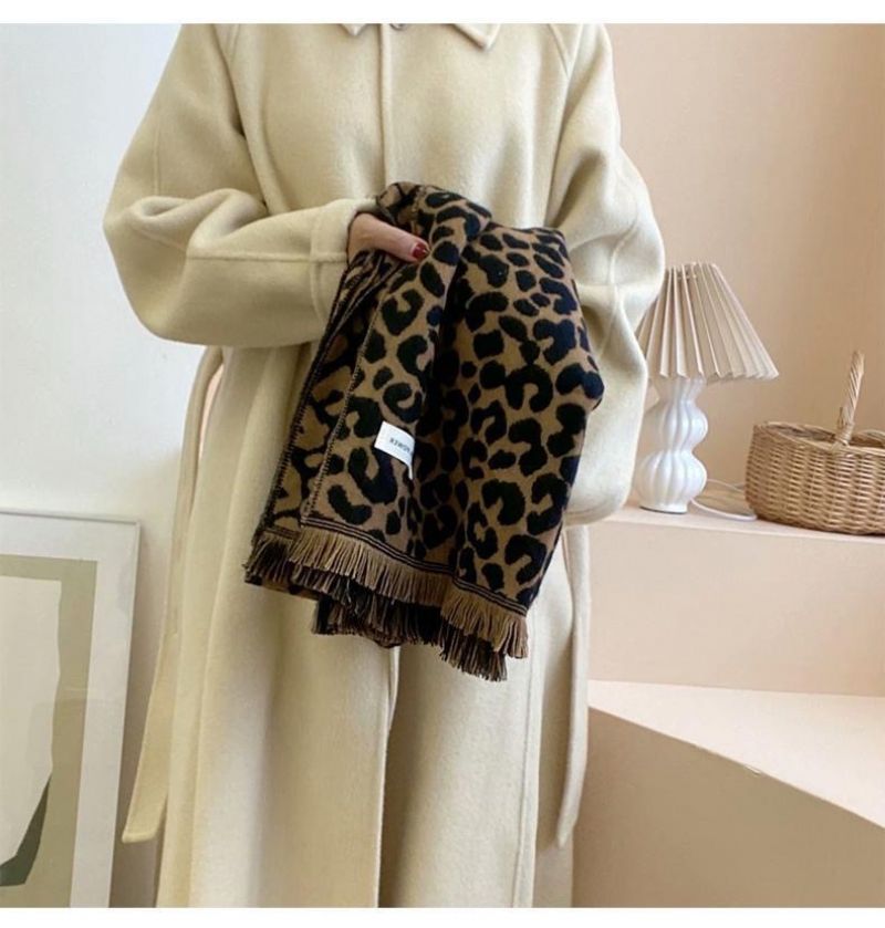 2023 Efterår Og Vinter Ny Mode Leopard Jacquard Dobbeltsidet Sjal Dame Kashmir Varm Fortykket Komfortabelt Hals