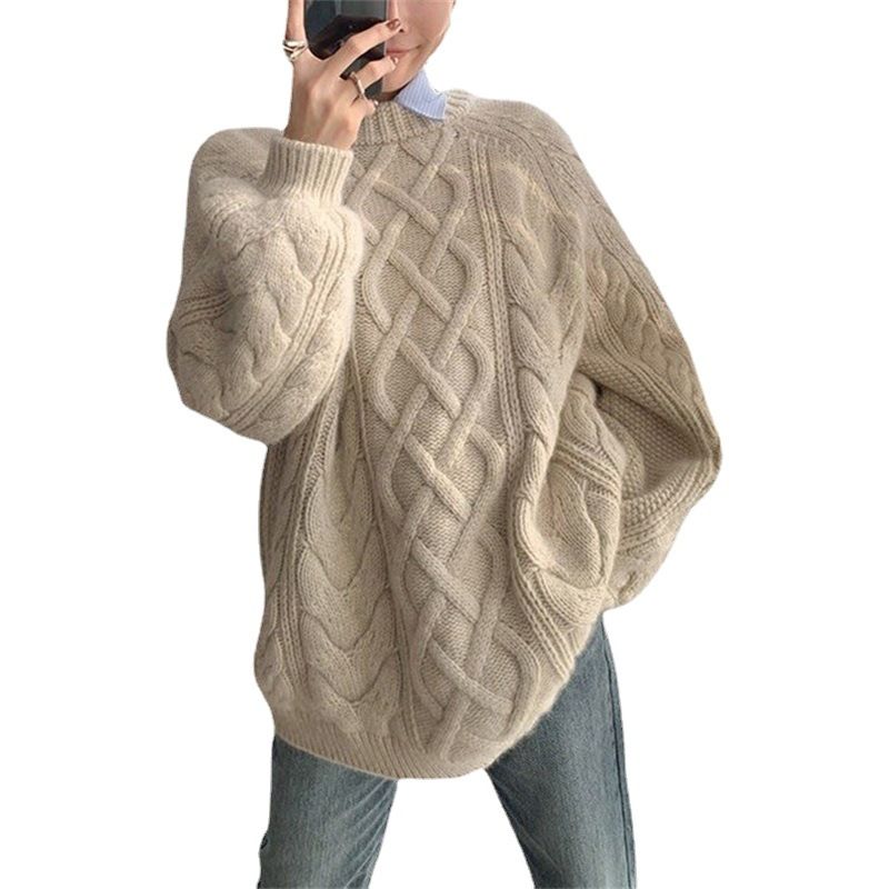 2023 Efterår Og Vinter Ny Sweater Med Tyk Linje Til Kvinder Løs Rund Halsudskæring Tyk Twist Pullover