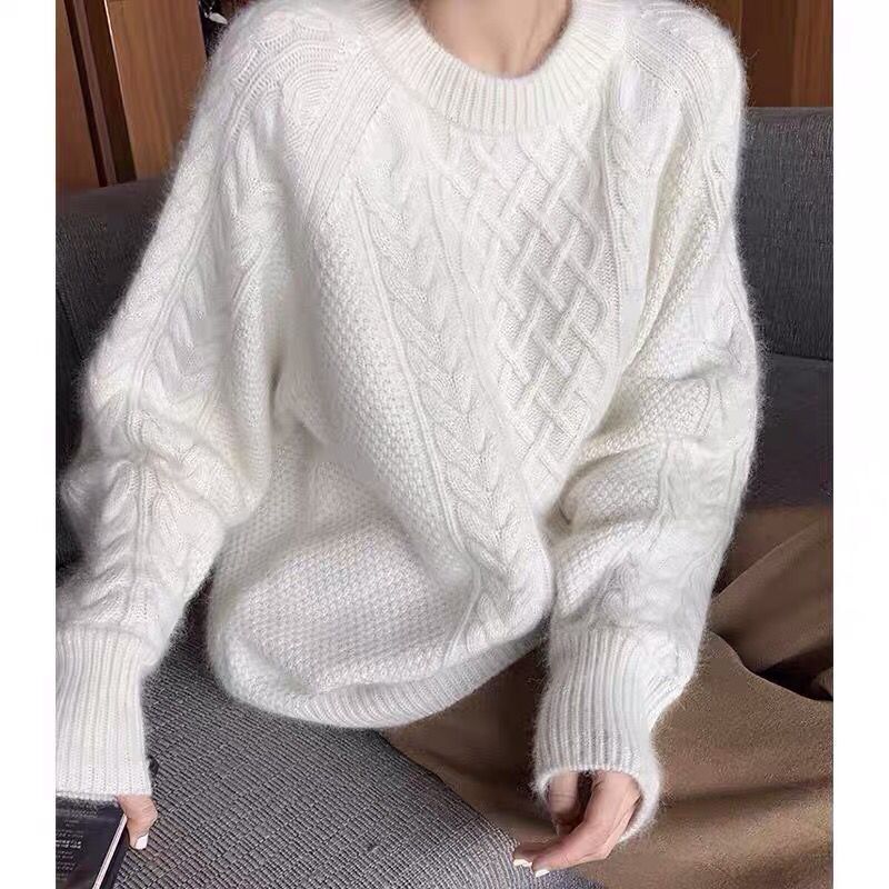 2023 Efterår Og Vinter Twist Pullover Sweater Dame Loose Feeling Retro Rund Hals Kraftig Bund Strikket