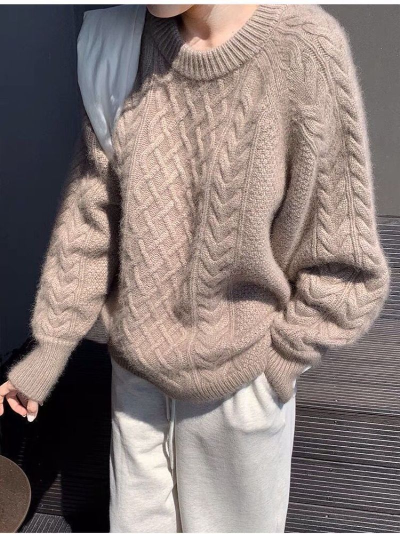 2023 Efterår Og Vinter Twist Pullover Sweater Dame Loose Feeling Retro Rund Hals Kraftig Bund Strikket