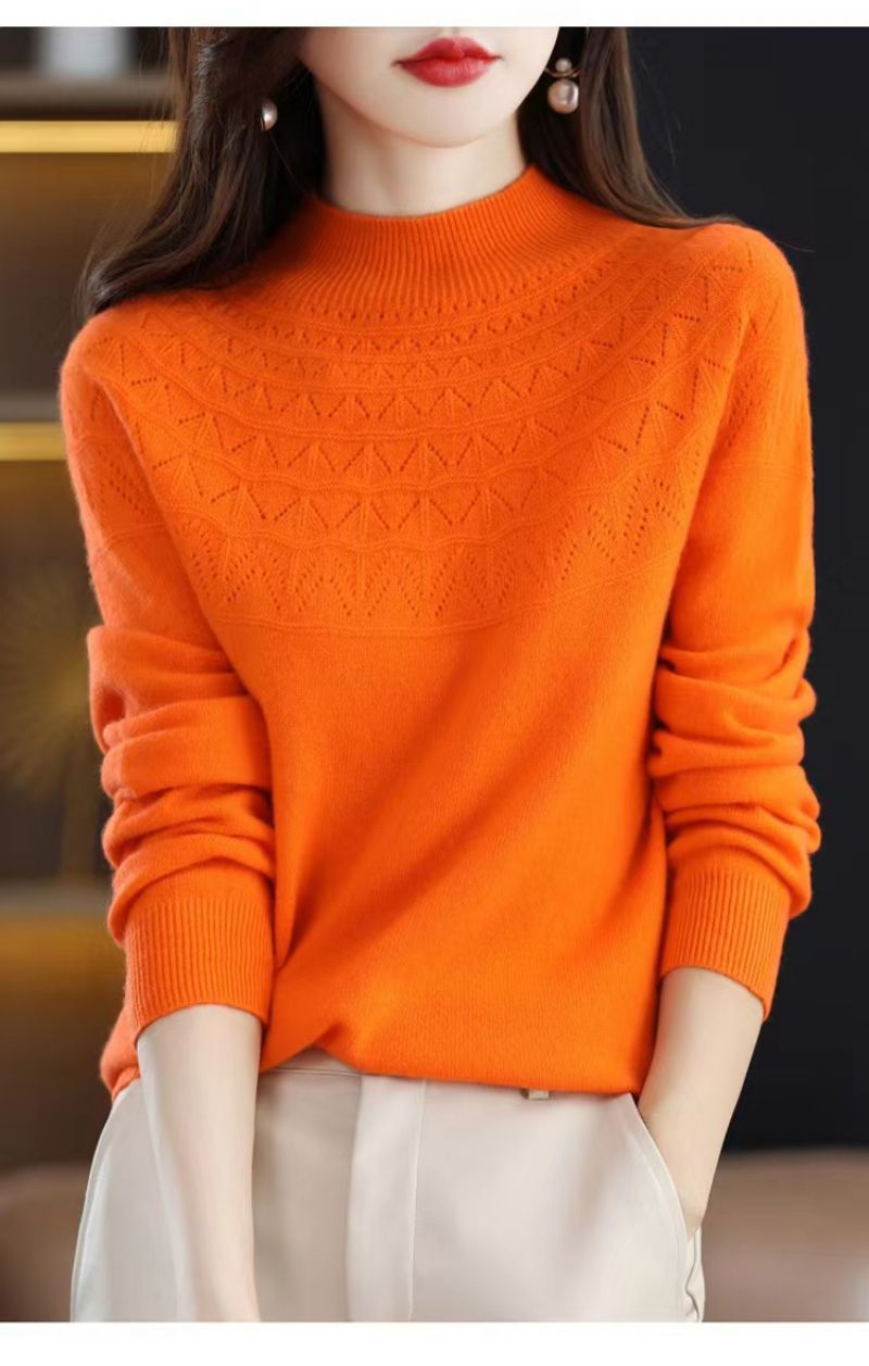 2023 Foråret Første-line Ready-to-wear Uld Sweater Kvinders 100 Uld Mode Udenlandsk Stil Ensfarvet Halv-høj Krave Kashmir