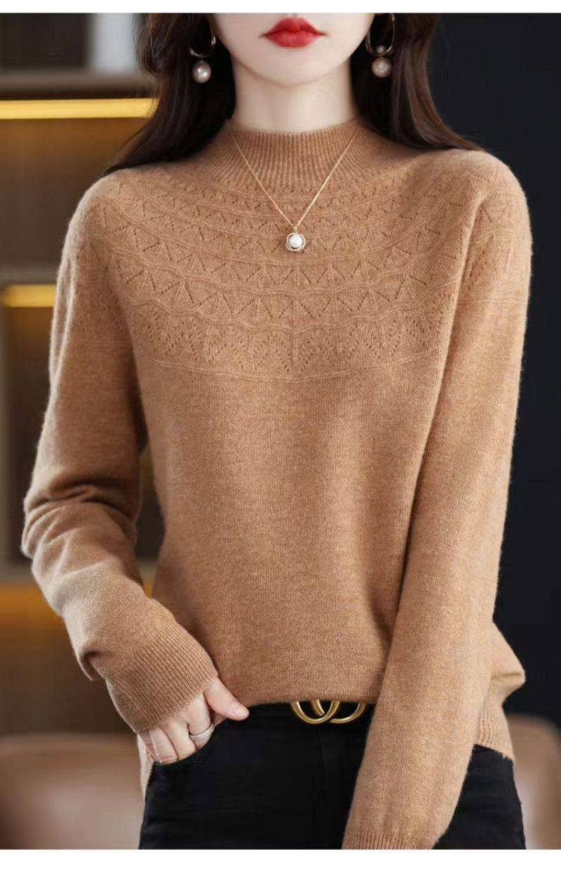 2023 Foråret Første-line Ready-to-wear Uld Sweater Kvinders 100 Uld Mode Udenlandsk Stil Ensfarvet Halv-høj Krave Kashmir