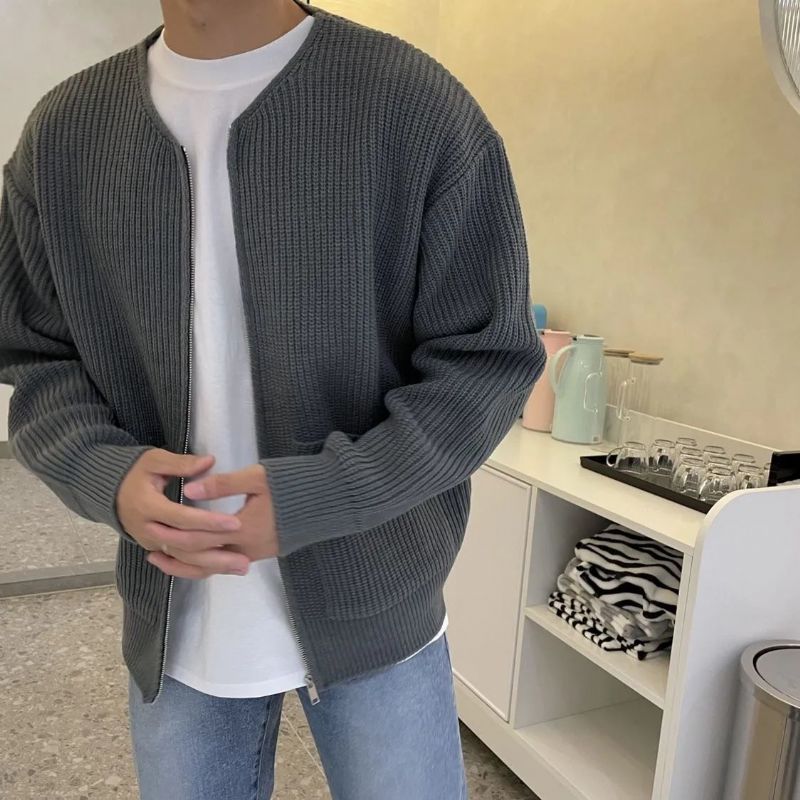 2023 Herre Ensfarvet Sweater Mode Trend Strikket Cardigan Løs Afslappet