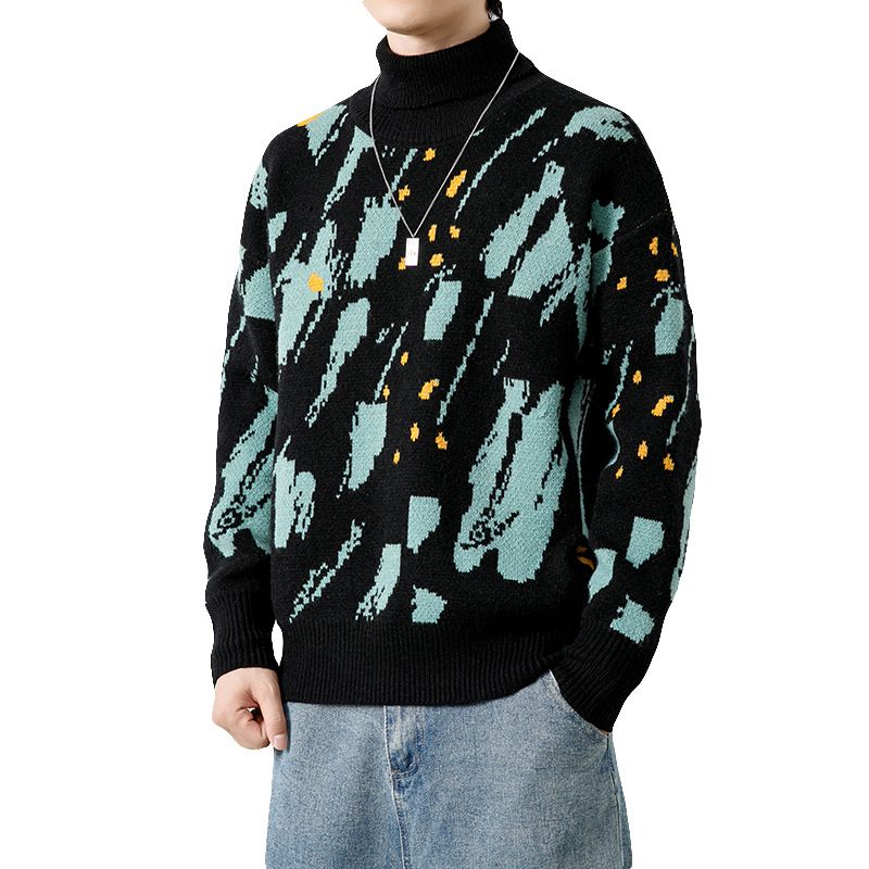 2023 Herre Tyk Sweater Rullekrave Strikket Jacquard Casual Løs