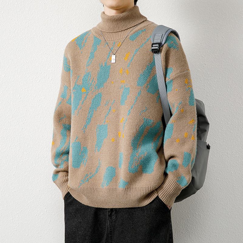 2023 Herre Tyk Sweater Rullekrave Strikket Jacquard Casual Løs