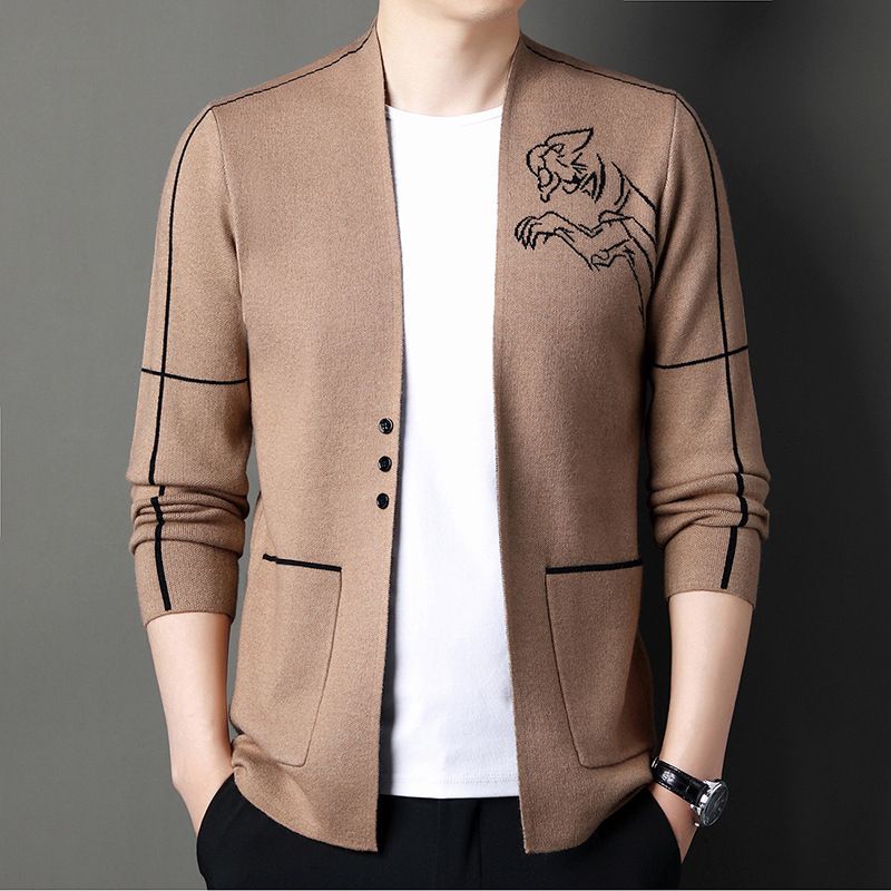 2023 Strikket Cardigan Herre Revers Broderi Sweater Frakke Trend