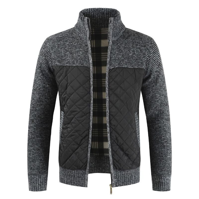 2023 Strikket Sweater Herre Standkrave Plus Fleecefarve Matchende Plaid Mode Sweaterjakke