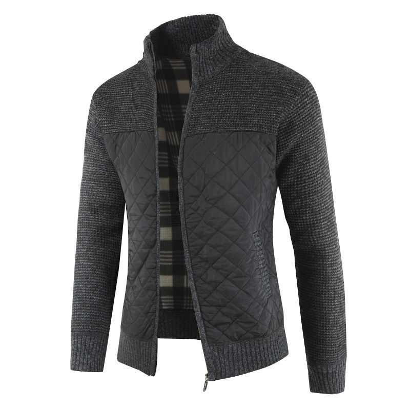 2023 Strikket Sweater Herre Standkrave Plus Fleecefarve Matchende Plaid Mode Sweaterjakke