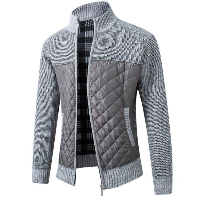 2023 Strikket Sweater Herre Standkrave Plus Fleecefarve Matchende Plaid Mode Sweaterjakke