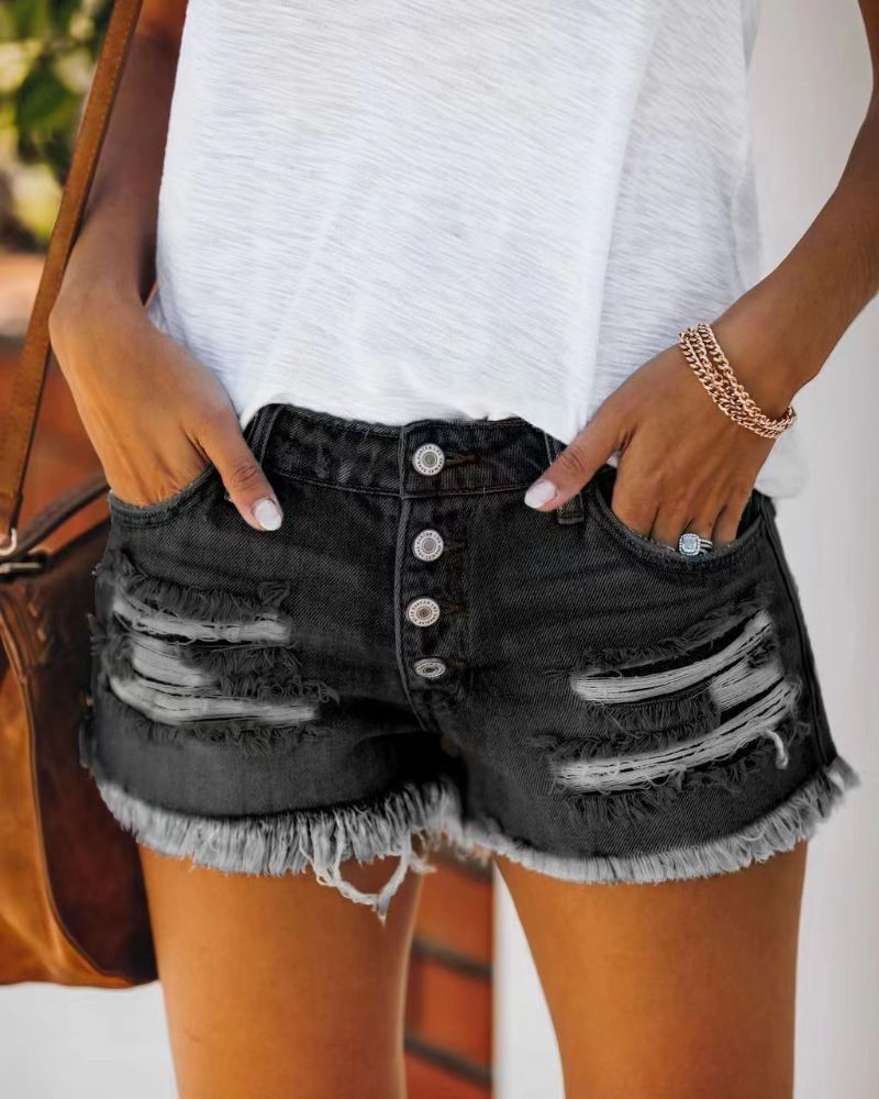 2023 Trend Ripped Kvast Denim Shorts Lige Brystet