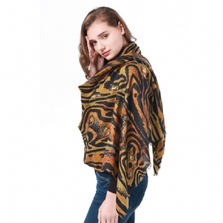 23 Efterår Og Vinter Nyt Satin Tørklæde Dominerende Tiger Print Plus Guld Sjal Mode Langt