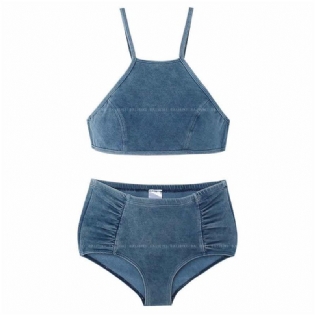 Badedragt Dame Split Denim Halter Neck Højtaljet Bikini Sexet