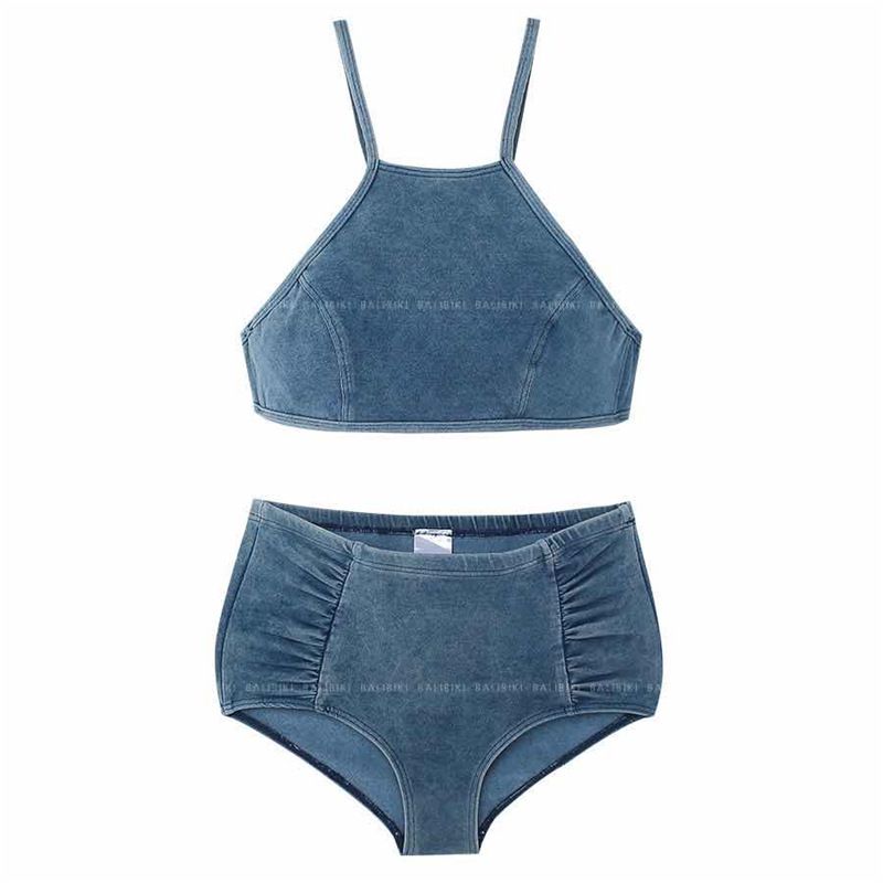 Badedragt Dame Split Denim Halter Neck Højtaljet Bikini Sexet