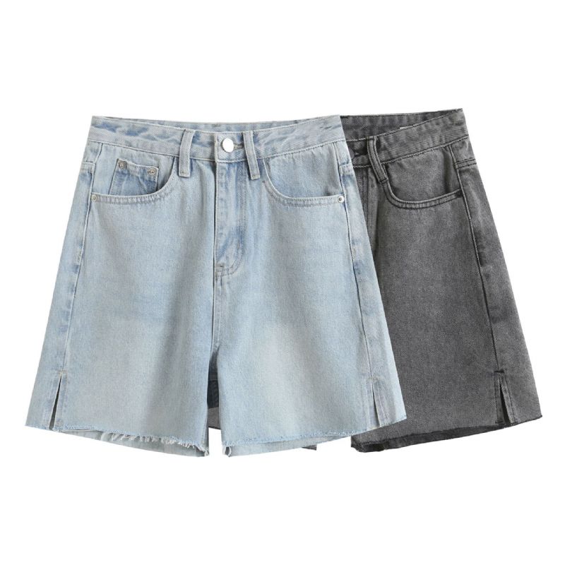 Brede Denimshorts Damesideslids Rå Kant Høj Talje