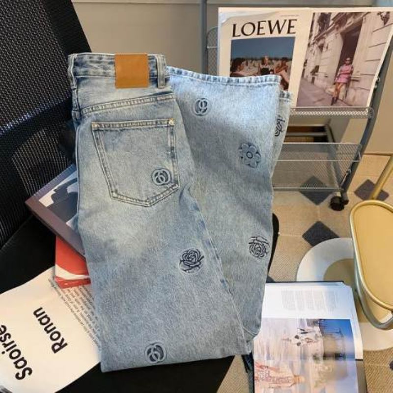 Broderede Blomsterjeans Damer Lyseblå Lige