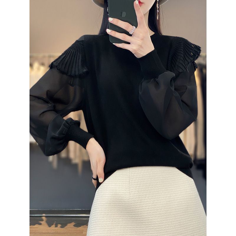 Cardigan Dame Rund Hals 2023 Forår Og Efterår Tynde Sektioner Flæsede Mode Organza Syninger Strikket Sweater Top