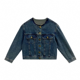 Dame Denim Jakke 2023 Kort Vintage Top Rund Hals