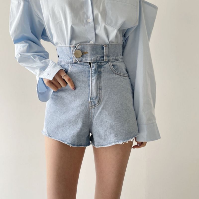 Dame Denim Shorts Blå Høj Talje En Knap