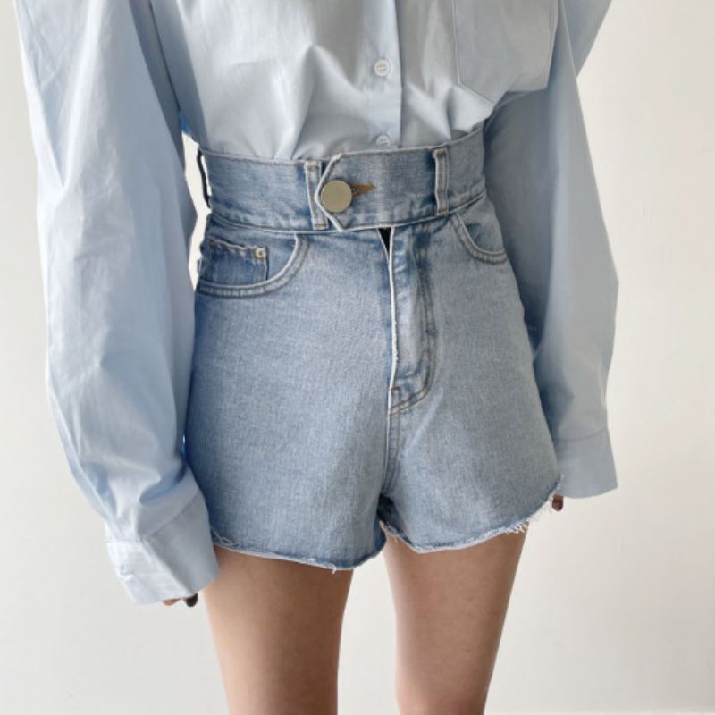 Dame Denim Shorts Blå Høj Talje En Knap