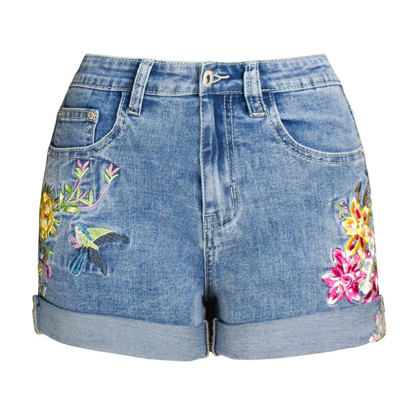 Dame Denim Shorts Brede Ben Stretch Broderede Blomster