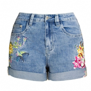 Dame Denim Shorts Brede Ben Stretch Broderede Blomster