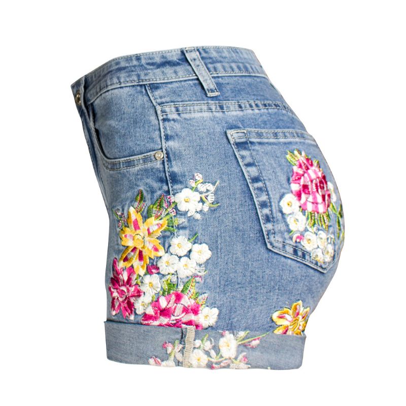 Dame Denim Shorts Brede Ben Stretch Broderede Blomster