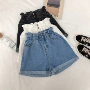 Dame Denim Shorts Elastisk Talje Løse Brede Ben Trendy