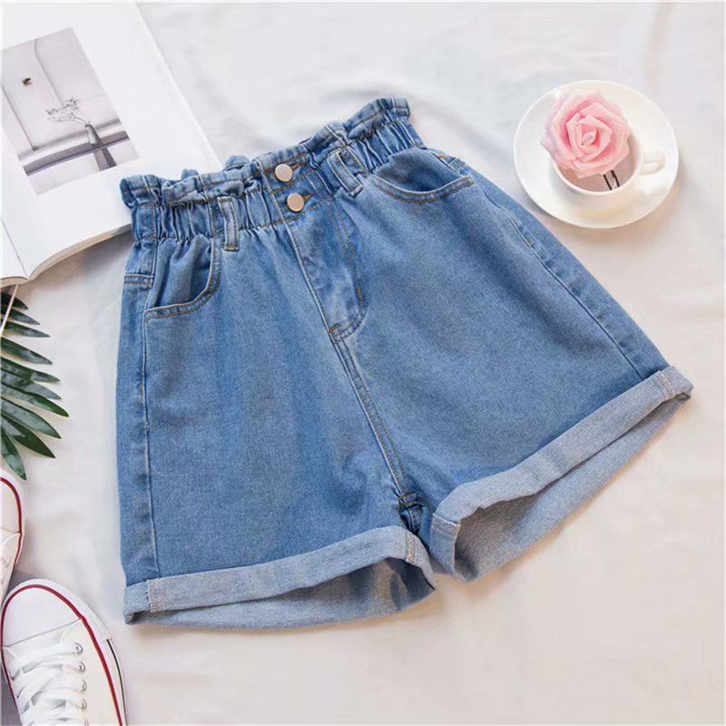 Dame Denim Shorts Elastisk Talje Løse Brede Ben Trendy