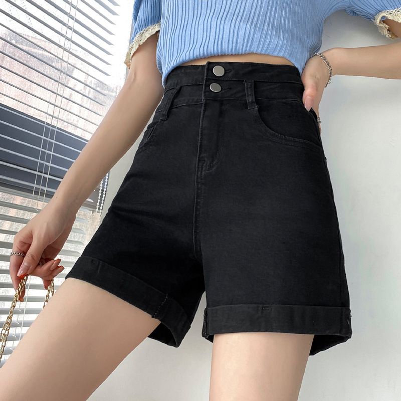 Dame Denim Shorts Høj Talje Tynd Lige Høj