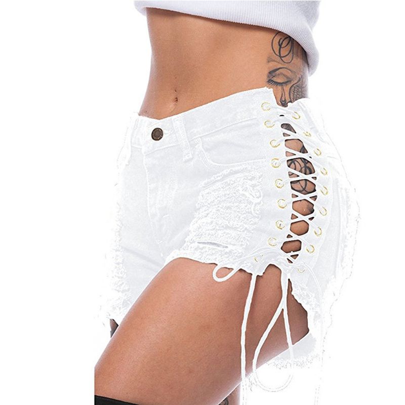 Dame Denim Shorts Rippede Side Stretch Hot Pants