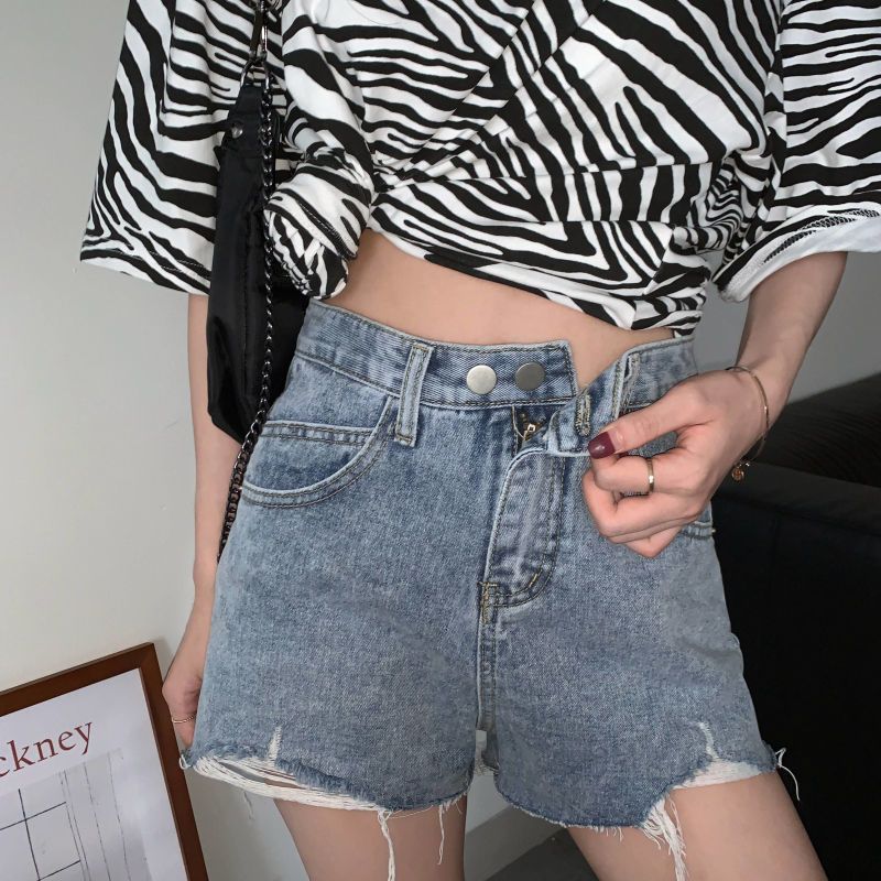 Dame Denimshorts Højtaljet Trendy Løse Brede Benhuller