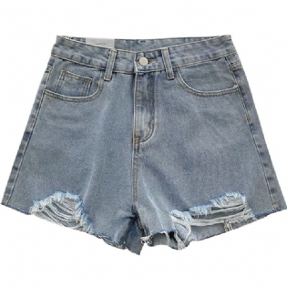 Dame Denimshorts Med Huller Løse Brede Ben