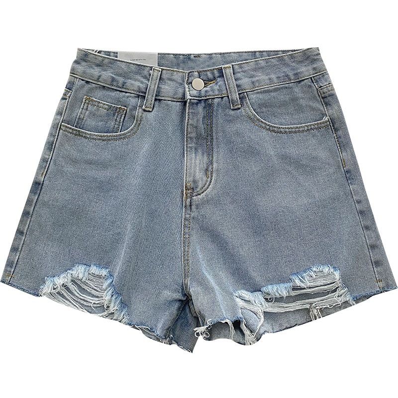 Dame Denimshorts Med Huller Løse Brede Ben