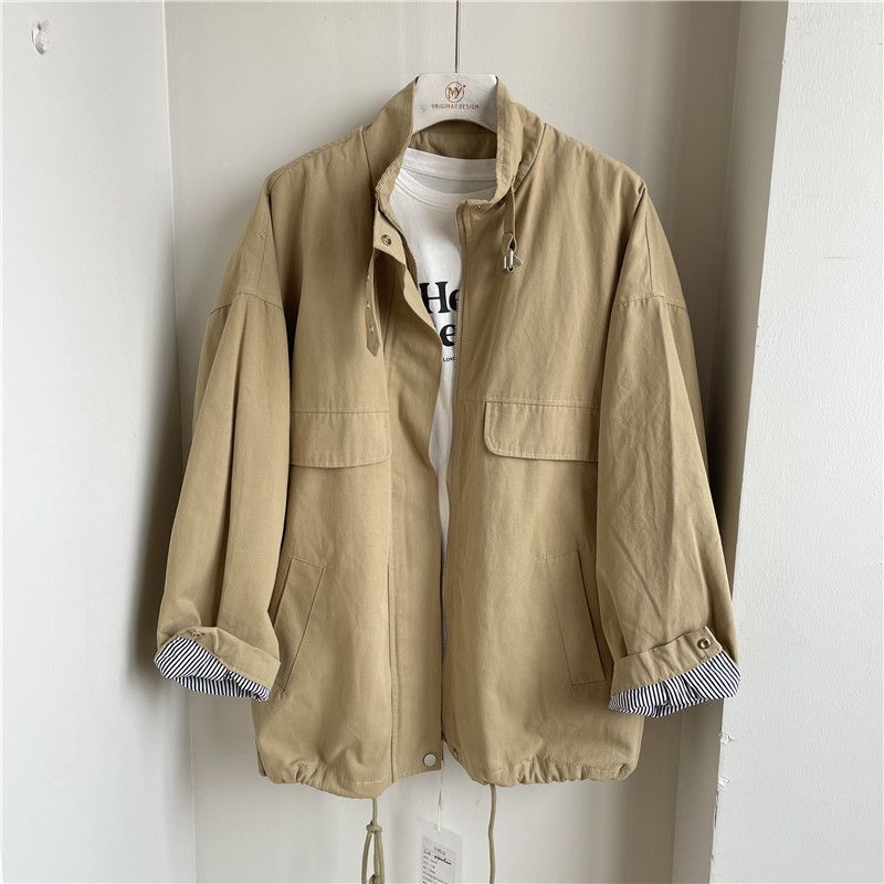 Dame Ensfarvet Cargo Jacket Loose Stand Collar Langærmet Jakke