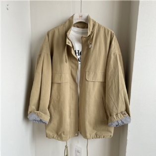 Dame Ensfarvet Cargo Jacket Loose Stand Collar Langærmet Jakke