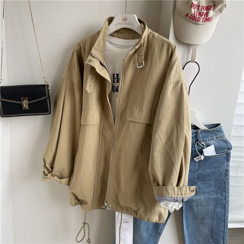 Dame Ensfarvet Cargo Jacket Loose Stand Collar Langærmet Jakke