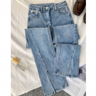 Dame Jeans Retro Højtalje Lige Slim Fit Elastiske Slid Flared Bukser