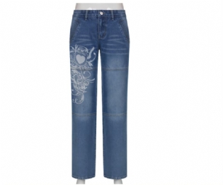 Dame Jeans Trendy Print Løse Brede Ben