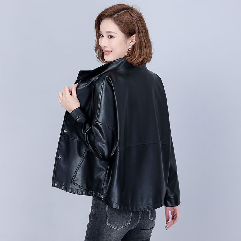 Dame Læderjakke Loose Raglan Sleeve Coat