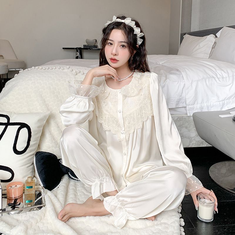 Dame Pyjamas Lace Langærmet Loungewear Sæt