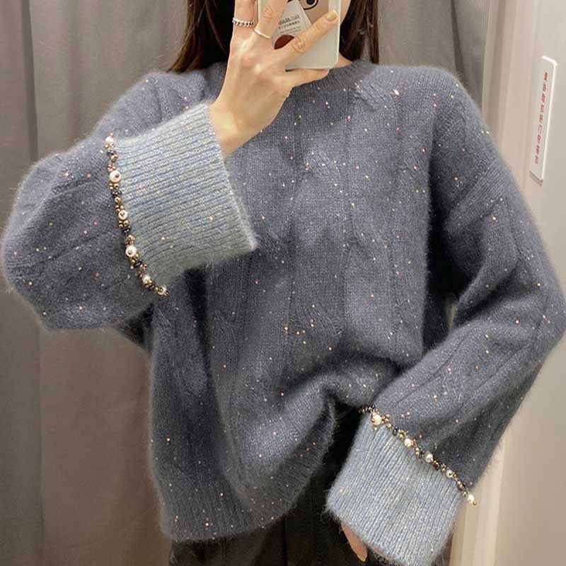 Dame Sweater Efterår Og Vinter Ny Stil Tung Industri Perlestrikket Top Kvinder