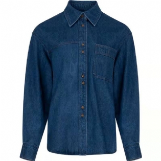 Dame Vintage Blå Denim Skjorte Polo Krave Top