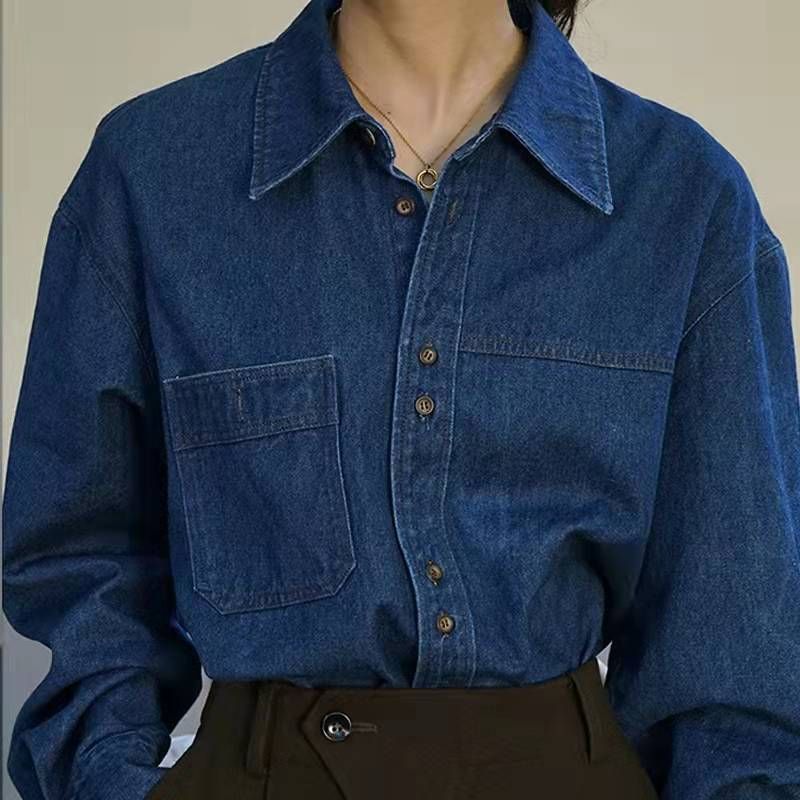 Dame Vintage Blå Denim Skjorte Polo Krave Top