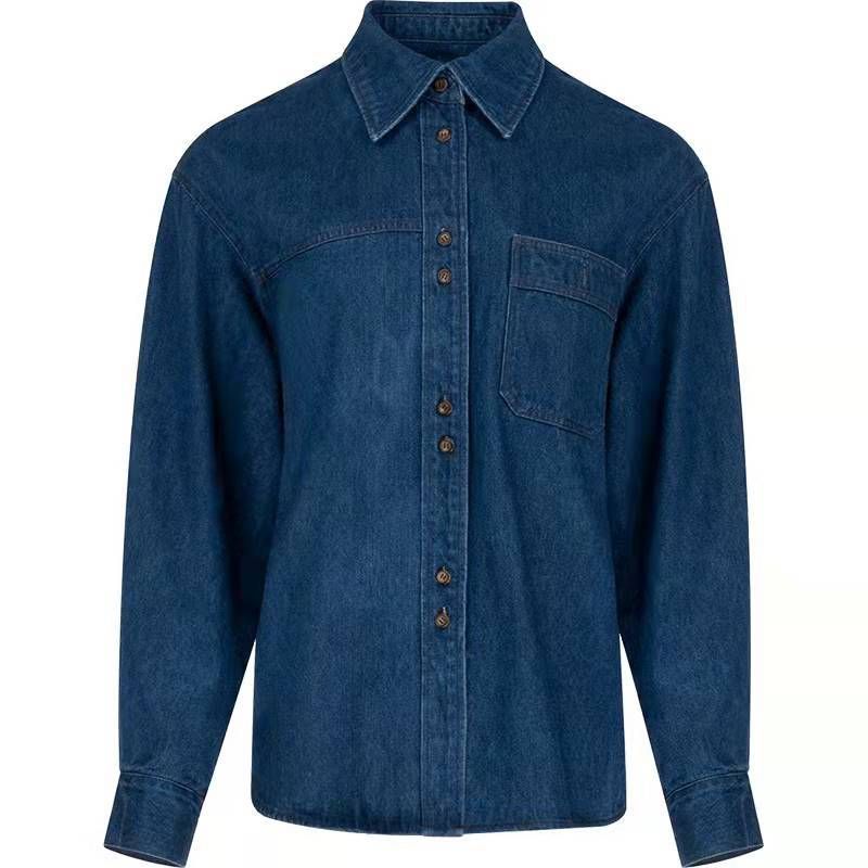 Dame Vintage Blå Denim Skjorte Polo Krave Top