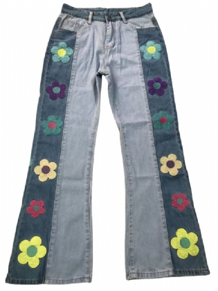 Damejeans Colorblock Sidebroderi Blomster Højtaljede Bootcut Bukser