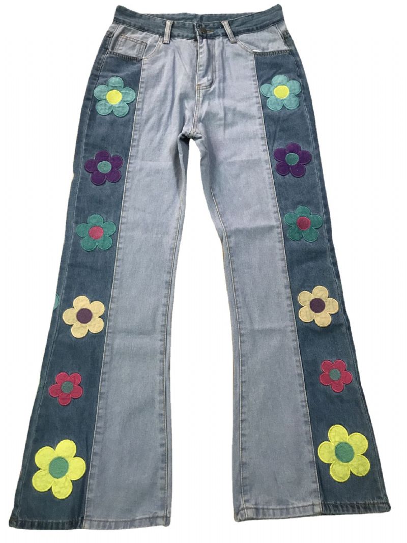 Damejeans Colorblock Sidebroderi Blomster Højtaljede Bootcut Bukser