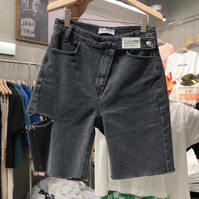 Dameshorts Mellembukser Høj Talje Fem Punkter Huller Lige Jeans