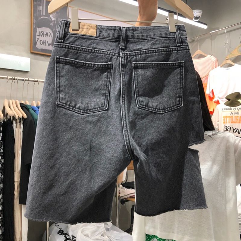 Dameshorts Mellembukser Høj Talje Fem Punkter Huller Lige Jeans